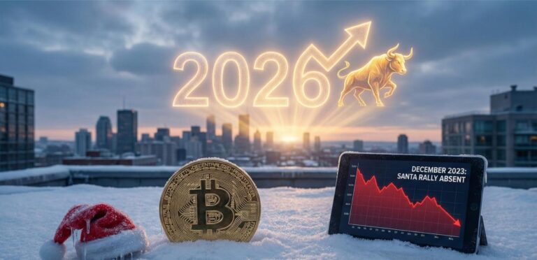 en fysieke Bitcoin en een tablet met een grafiek die 'Santa Rally Absent' toont in de sneeuw, met een gloeiend '2026' en een stier op de achtergrond.