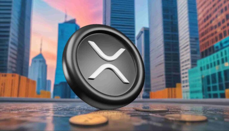 xrp coin surounded by skyscrapers